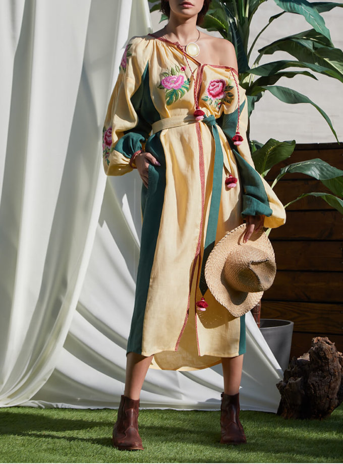 Платье Флора с объемными руками из льна FOBERI_SS20055, фото 1 - в интернет магазине KAPSULA