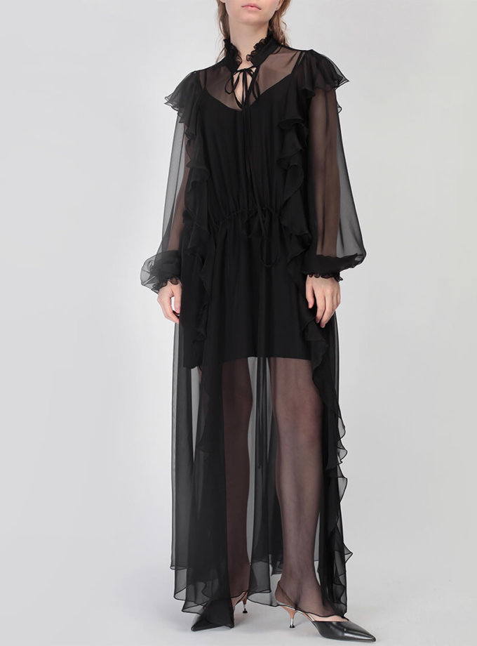 Шелковое платье Camelia с воланами MISS_DR-023-black-maxi, фото 1 - в интернет магазине KAPSULA