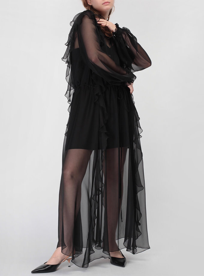 Шелковое платье Camelia с воланами MISS_DR-023-black-maxi, фото 1 - в интернет магазине KAPSULA