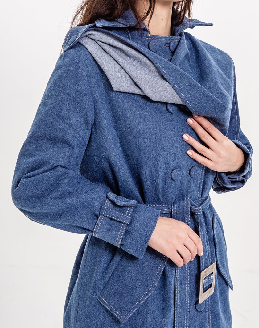 Утепленное джинсовое пальто с платком XM_Nat_8, фото 1 - в интернет магазине KAPSULA