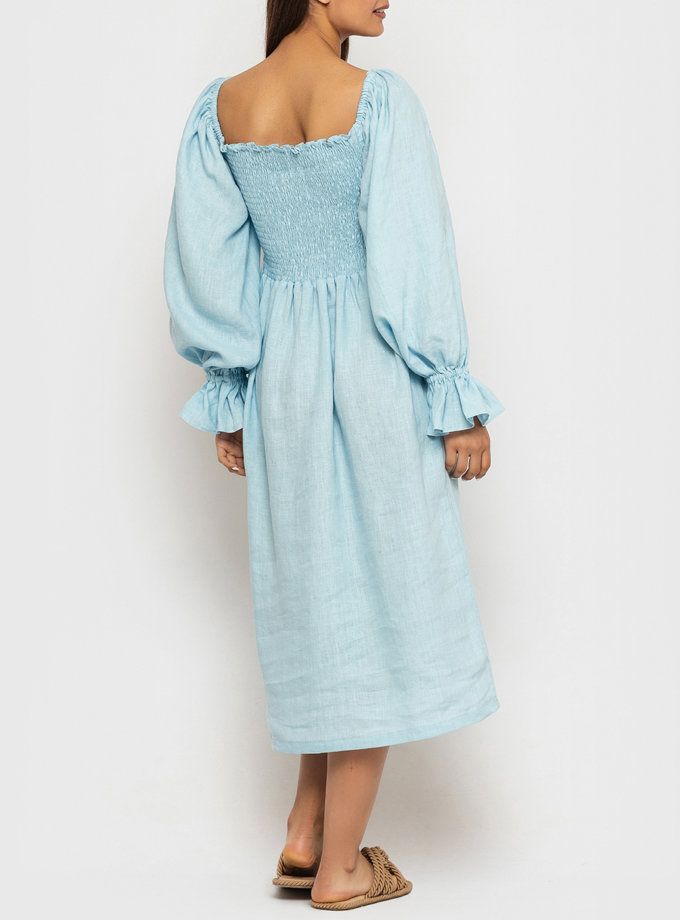 Льняное платье с эластичным лифом и пышными рукавами MRND_М115-1, фото 1 - в интернет магазине KAPSULA
