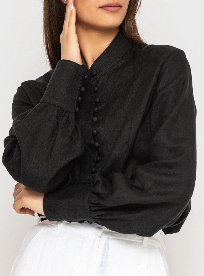 Льняная рубашка с воротником стойкой и широкими манжетами MRND_М94-2, фото 1 - в интернет магазине KAPSULA