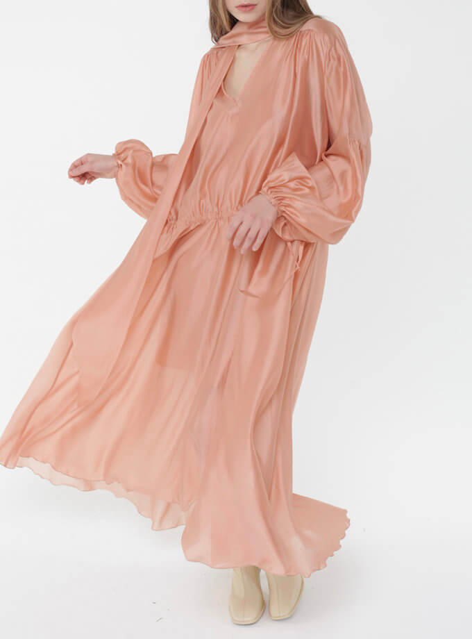 Платье миди с шарфом MISS_DR-042-peach, фото 1 - в интернет магазине KAPSULA