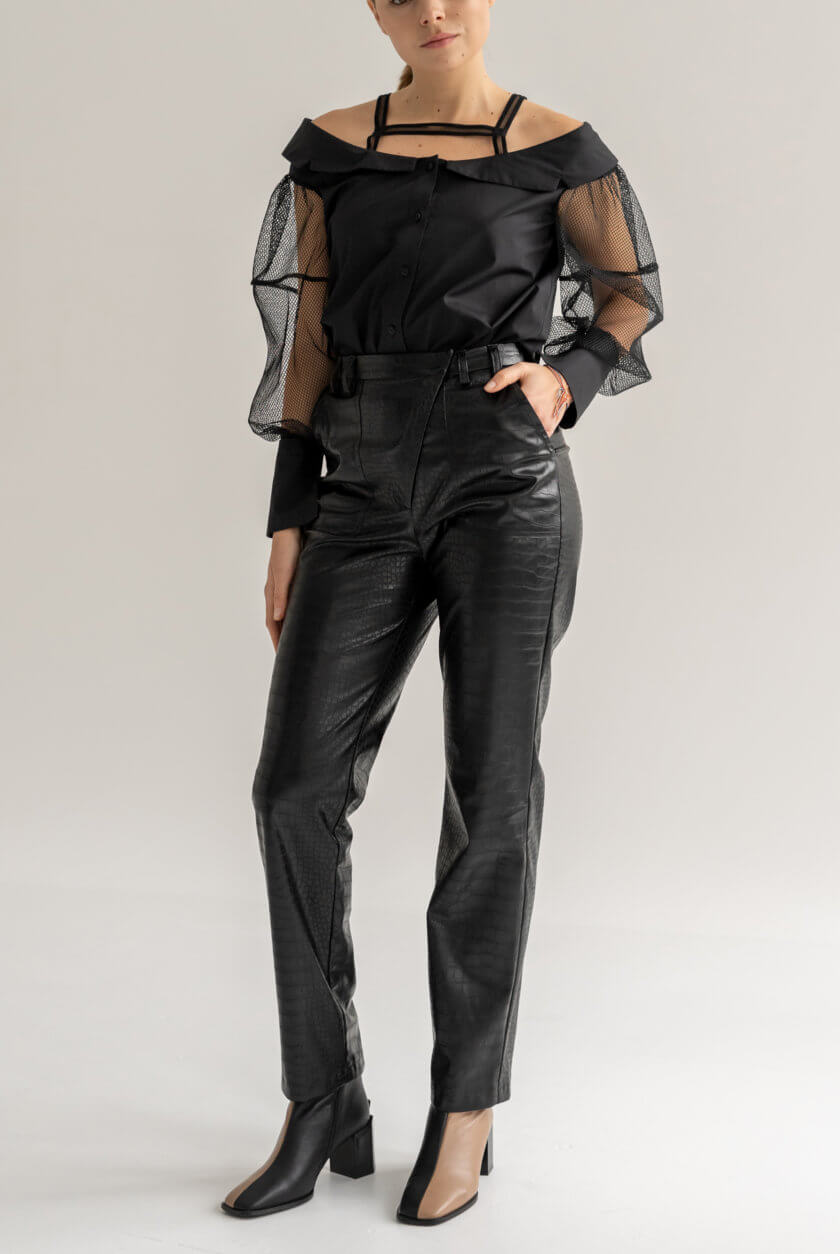 Штани з екошкіри кроко чорні SE_22_PnCrcB, фото 1 - в интернет магазине KAPSULA