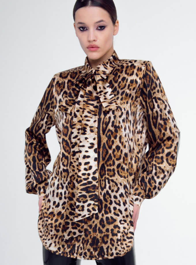 Блуза "Лео" принтований шовк з лаковими налакотниками KAR_AW21_011, фото 1 - в интернет магазине KAPSULA