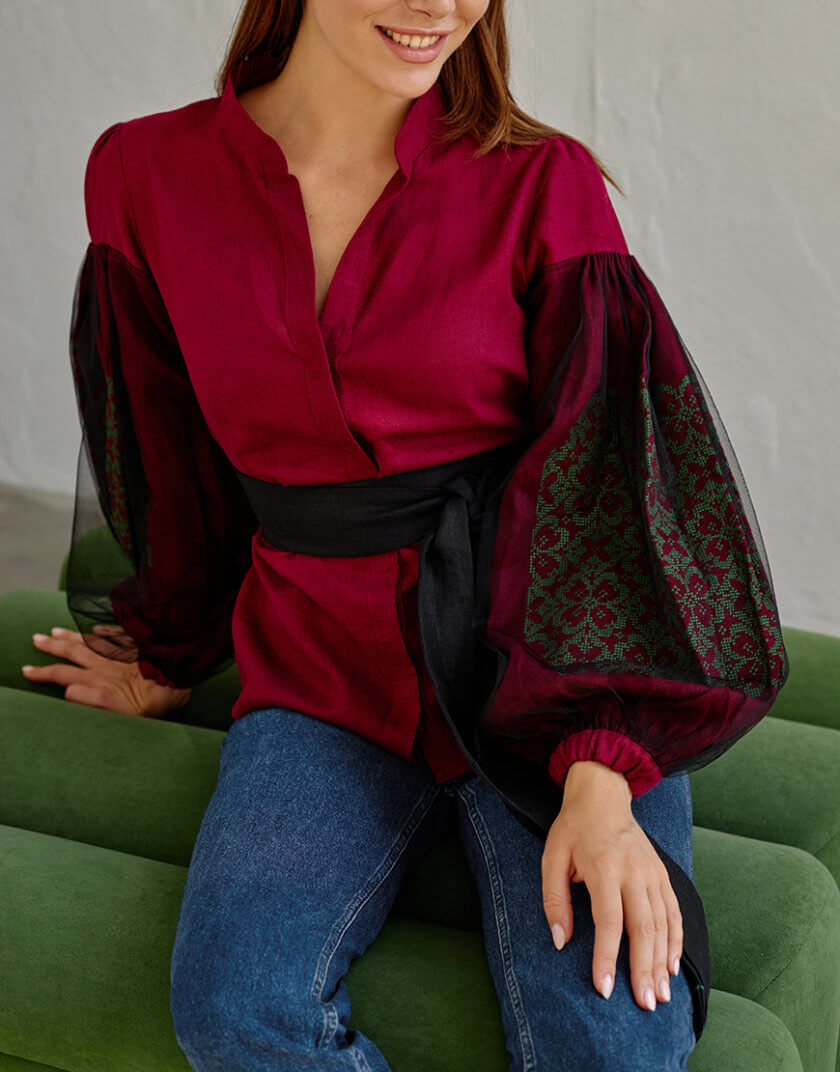 Блуза з рукавом сітка зелена вишивка EMB_SS22_1027, фото 1 - в интернет магазине KAPSULA