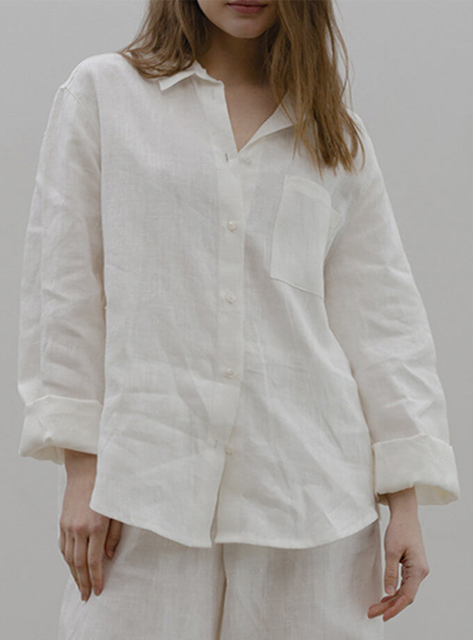 Сорочка лляна біла з класичним коміром BLCN_1105, фото 1 - в интернет магазине KAPSULA