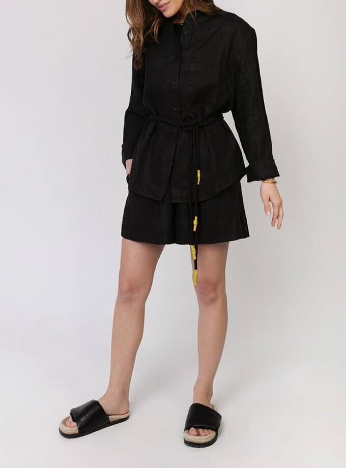Набір лляний сорочка і шорти чорного кольору BLCN_682_706, фото 1 - в интернет магазине KAPSULA