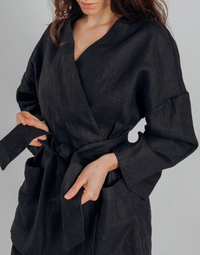 Чорний лляний костюм з кімоно та шортами SGL_KS_1, фото 1 - в интернет магазине KAPSULA
