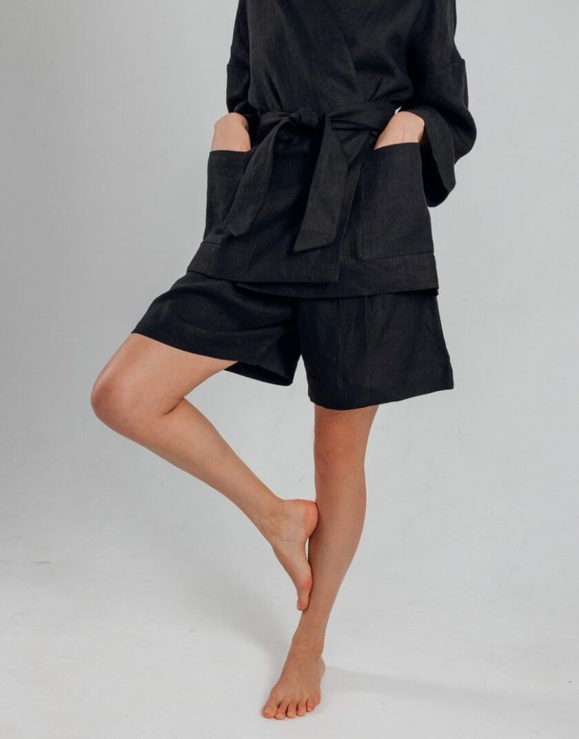 Чорний лляний костюм з кімоно та шортами SGL_KS_1, фото 1 - в интернет магазине KAPSULA