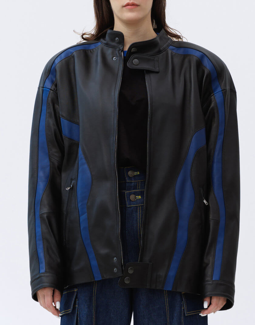 Куртка оверсайз Speed Jacket із італійської шкіри 1314_21-Black&Royal-Blue, фото 1 - в интернет магазине KAPSULA