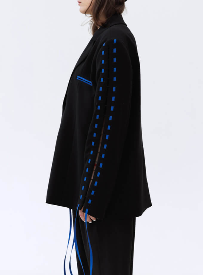 Однобортний піджак Resilient Blazer із синьою шнурівкою 1314_02-Black&Royal Blue, фото 1 - в интернет магазине KAPSULA