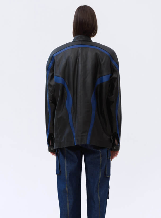 Куртка оверсайз Speed Jacket із італійської шкіри 1314_21-Black&Royal-Blue, фото 1 - в интернет магазине KAPSULA