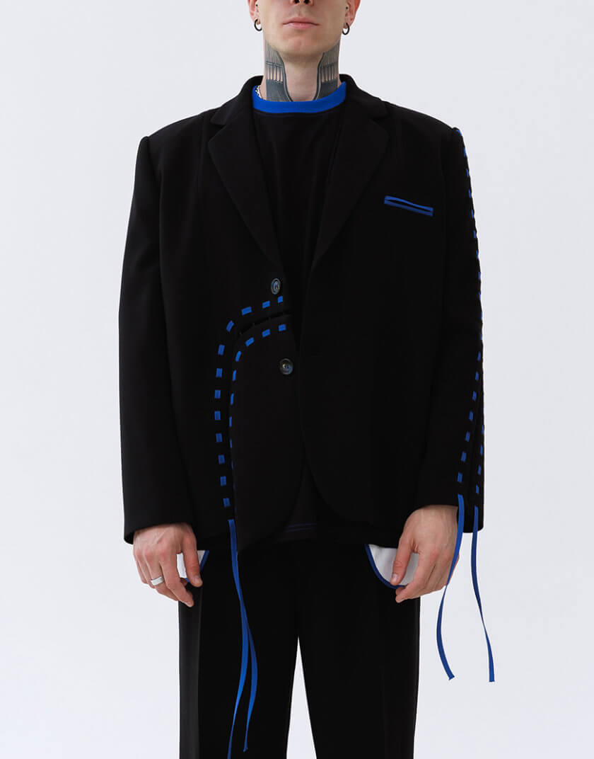 Однобортний піджак Resilient Blazer із синьою шнурівкою 1314_02-Black&Royal Blue, фото 1 - в интернет магазине KAPSULA