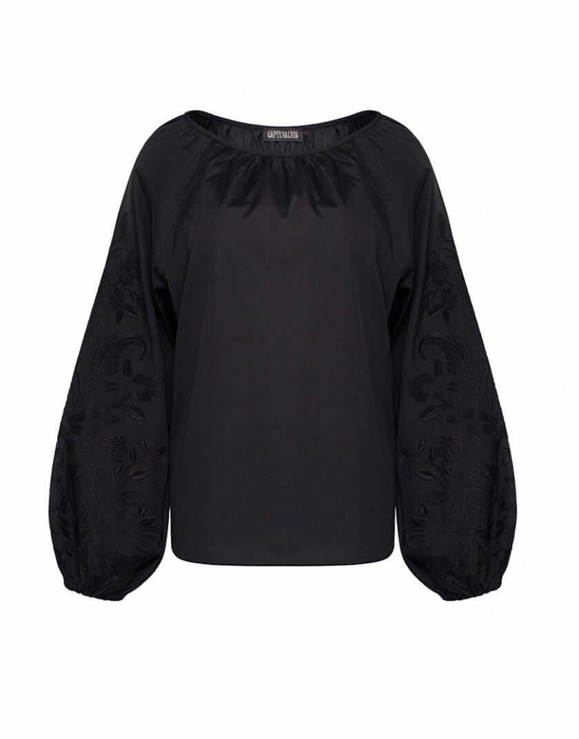 Бавовняна блуза з дизайнерською вишивкою, чорний орнамент, чорне полотно GPTV_GA_AA_506, фото 1 - в интернет магазине KAPSULA