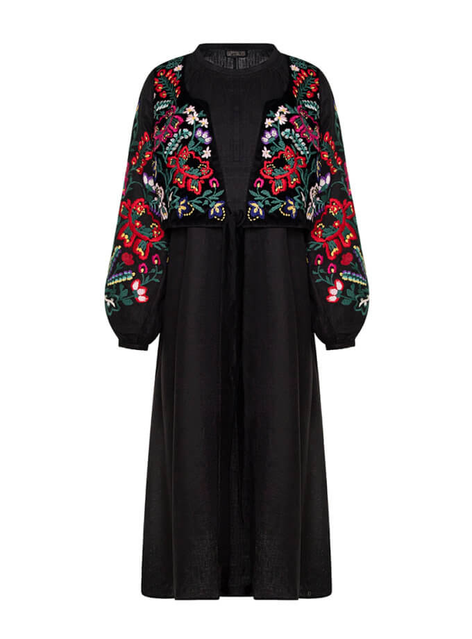 Сукня з оксамитовим кептариком з дизайнерською вишивкою Опілля на чорному полотні GPTV_AA_422, фото 1 - в интернет магазине KAPSULA