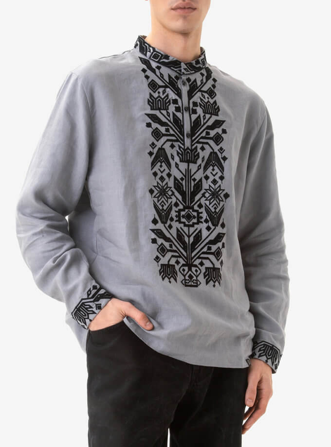Чоловіча сорочка з традиційною вишивкою Килимок, чорний орнамент на сірому полотні GPTV_BB_502, фото 1 - в интернет магазине KAPSULA