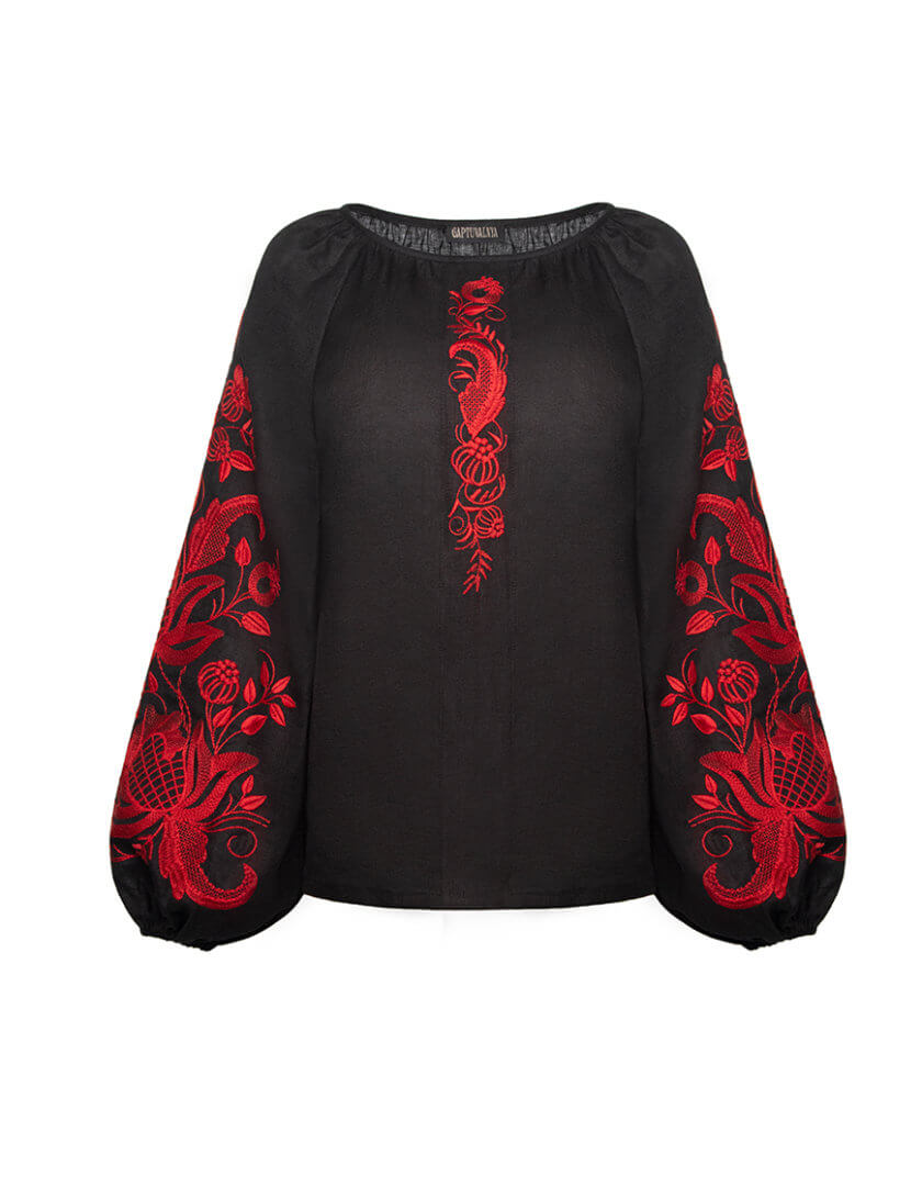 Блузка з дизайнерською вишивкою Гранатова лоза, червоний орнамент, чорне полотно GPTV_GA_AA_505, фото 1 - в интернет магазине KAPSULA