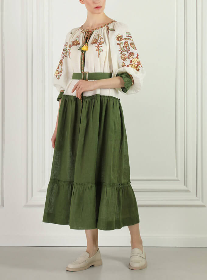 Вишита історія бежево-зелена максі-сукня FOBERI_SS23026OS, фото 1 - в интернет магазине KAPSULA