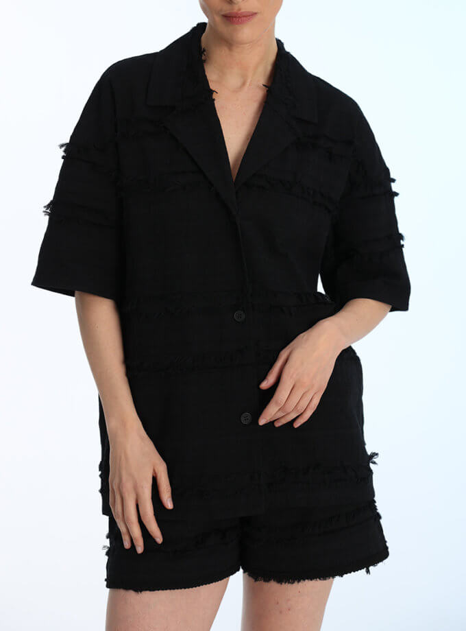 Чорний костюм  шорти та сорочка з фактурним візернком ESSENCE_TE24-26, фото 1 - в интернет магазине KAPSULA
