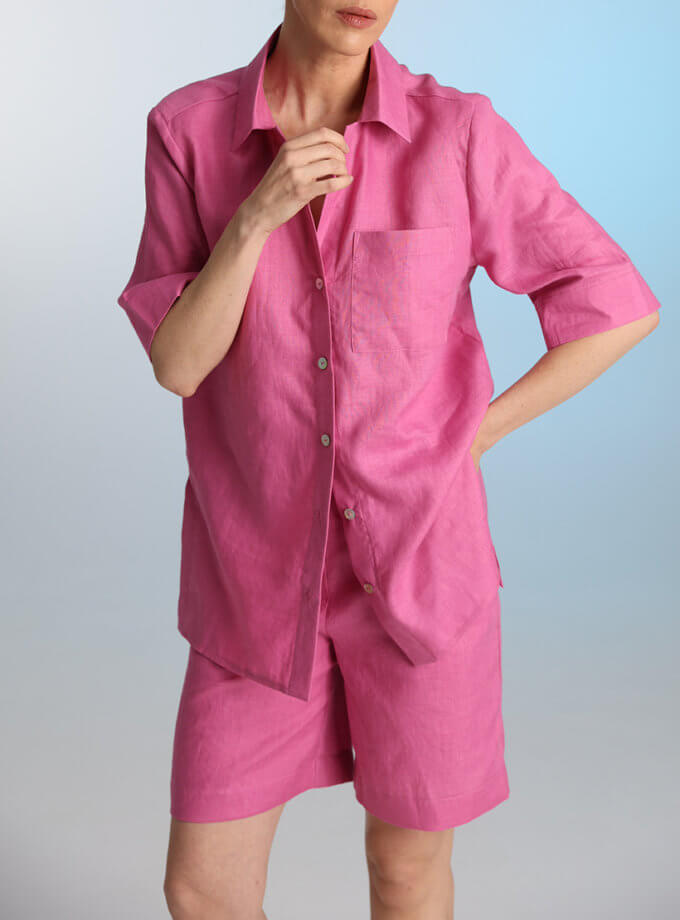 Лляний костюм шорти та сорочка малинового кольору ESSENCE_TE24-22, фото 1 - в интернет магазине KAPSULA