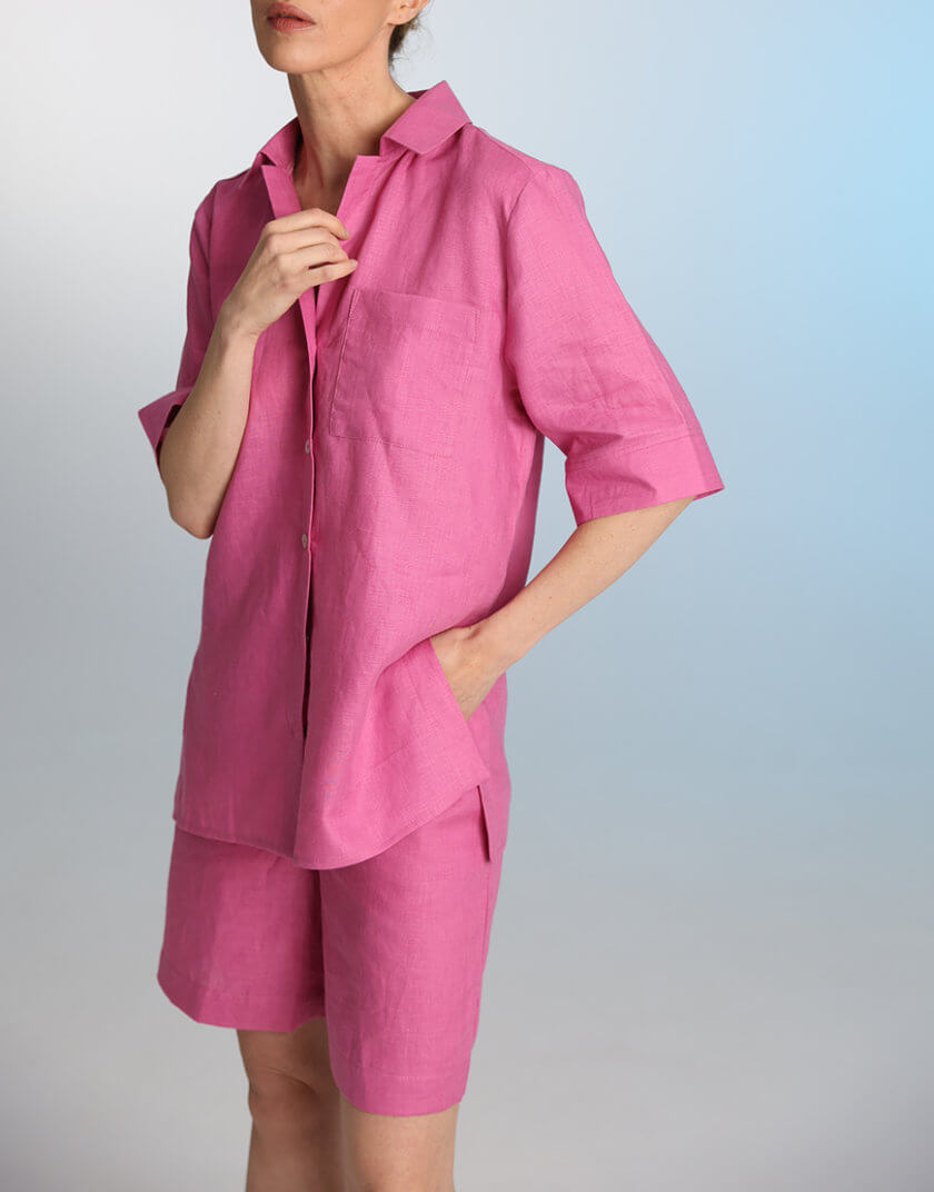 Лляний костюм шорти та сорочка малинового кольору ESSENCE_TE24-22, фото 1 - в интернет магазине KAPSULA