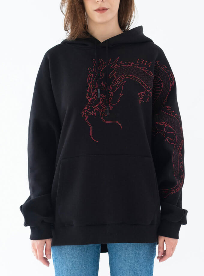 Худі Dragon з об'ємною вишивкою та рукавами цільного крою 131444 Black, фото 1 - в интернет магазине KAPSULA