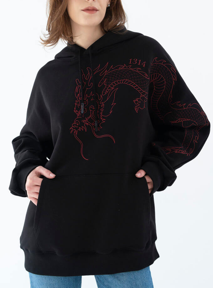 Худі Dragon з об'ємною вишивкою та рукавами цільного крою 131444 Black, фото 1 - в интернет магазине KAPSULA