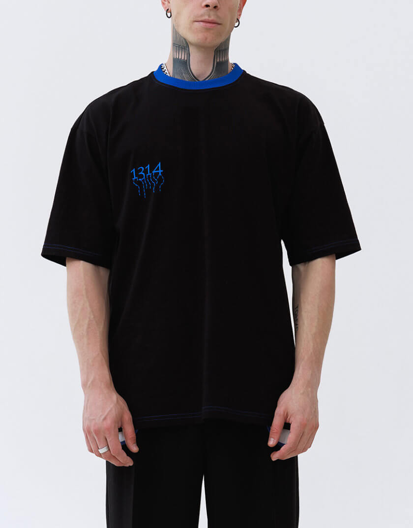 Чорна футболка унісекс Fortitude T-shirt с синім воротом 131409 Black Royal Blue, фото 1 - в интернет магазине KAPSULA