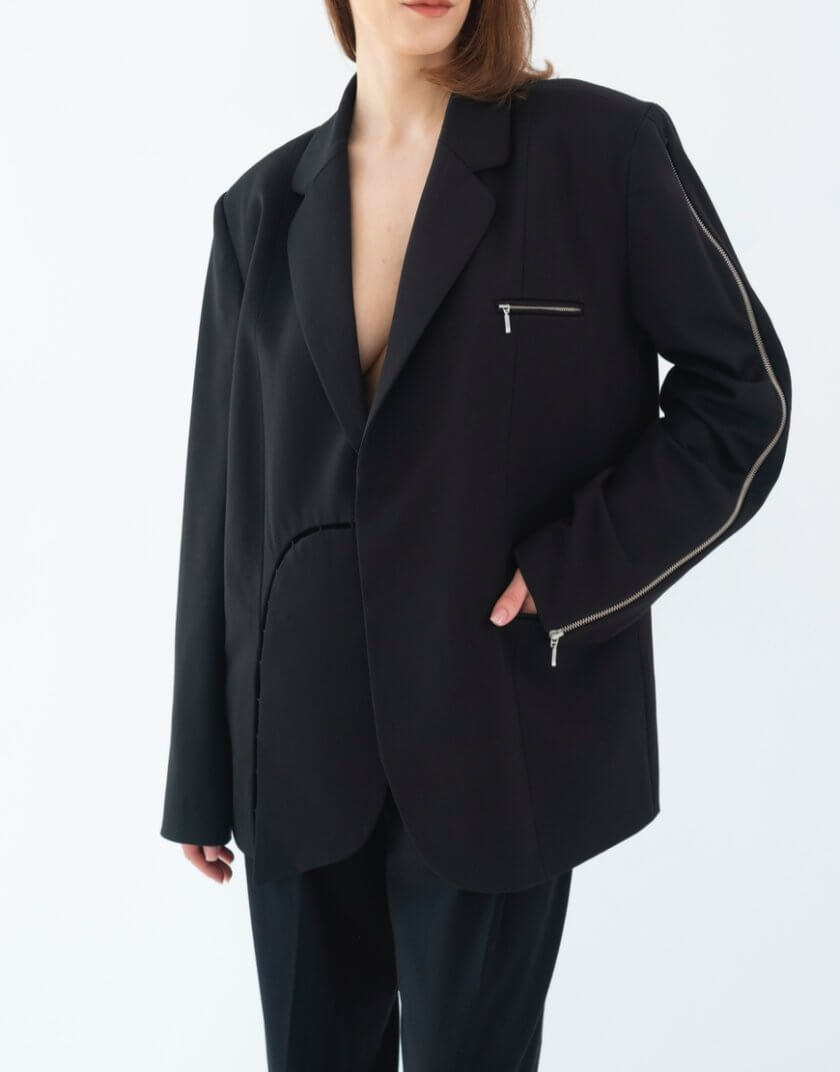 Однобортний чорний піджак Resilient Blazer із блискавками 131426 Black, фото 1 - в интернет магазине KAPSULA