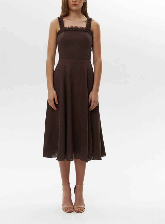 Сукня міді А-силуету з бахромою по лінії декольте MRND_M-172-12, фото 1 - в интернет магазине KAPSULA