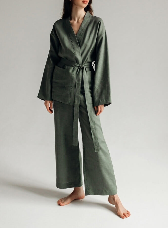Костюм-кімоно зі штанами вільного фасону з льону жіночій в темно-зеленому кольорі GNZD_2WLKS-009, фото 1 - в интернет магазине KAPSULA