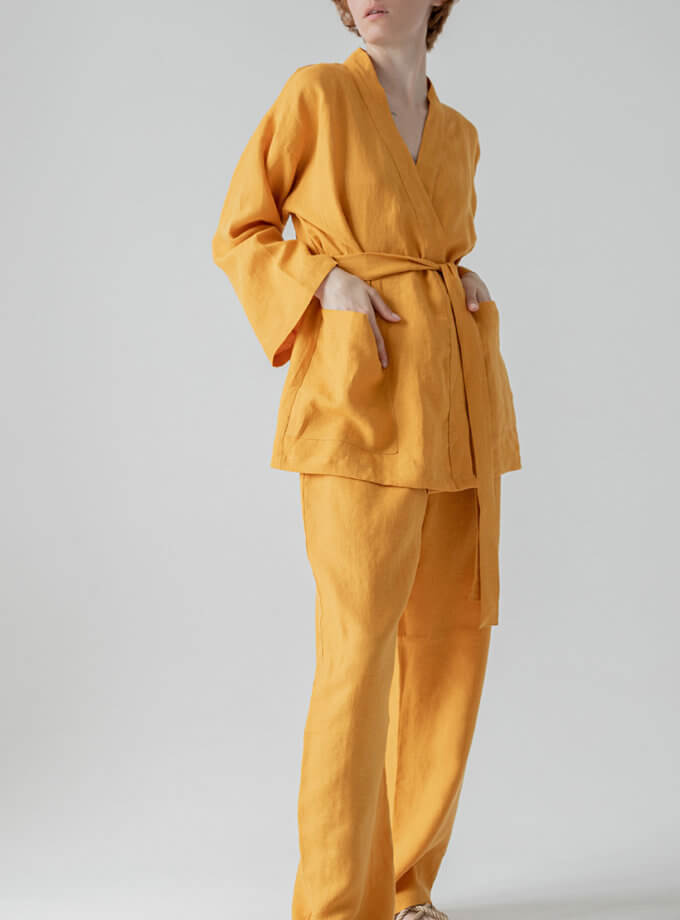 Костюм-кімоно зі штанами вільного фасону з льону жіночій в помаранчевому кольорі GNZD_2WLKS-011, фото 1 - в интернет магазине KAPSULA
