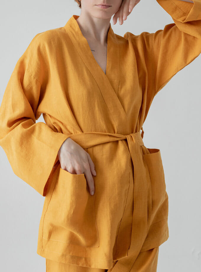 Костюм-кімоно зі штанами вільного фасону з льону жіночій в помаранчевому кольорі GNZD_2WLKS-011, фото 1 - в интернет магазине KAPSULA