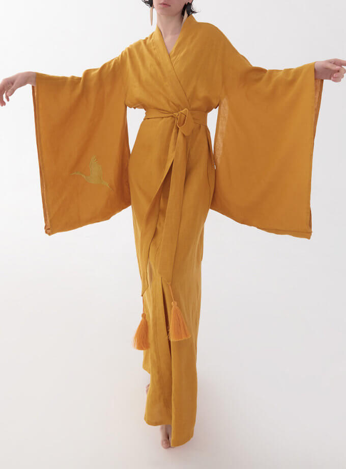 Сукня-кімоно з льону в японському стилі з вишивкою в помаранчевому кольорі GNZD_1LJSKDES-011, фото 1 - в интернет магазине KAPSULA