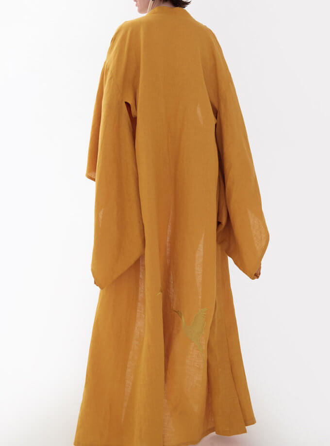 Сукня-кімоно з льону в японському стилі з вишивкою в помаранчевому кольорі GNZD_1LJSKDES-011, фото 1 - в интернет магазине KAPSULA
