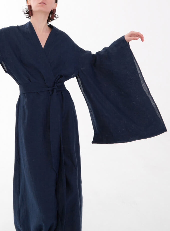 Сукня-кімоно з льону в японському стилі з вишивкою в темно-синьому кольорі GNZD_1LJSKDES-010, фото 1 - в интернет магазине KAPSULA
