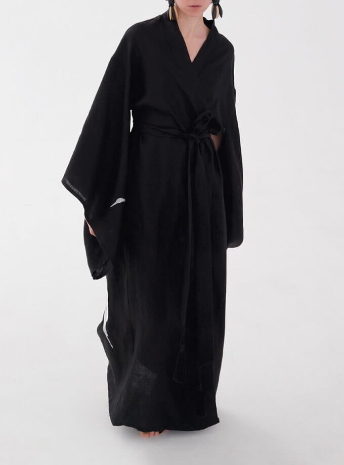 Сукня-кімоно з льону в японському стилі з вишивкою в чорному кольорі GNZD_1LJSKDES-004, фото 1 - в интернет магазине KAPSULA