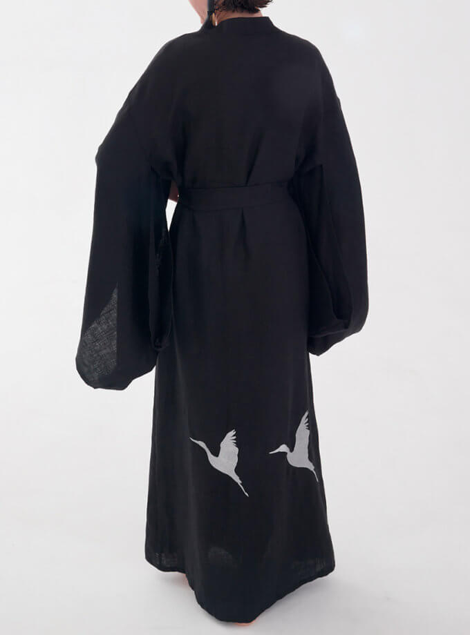 Сукня-кімоно з льону в японському стилі з вишивкою в чорному кольорі GNZD_1LJSKDES-004, фото 1 - в интернет магазине KAPSULA
