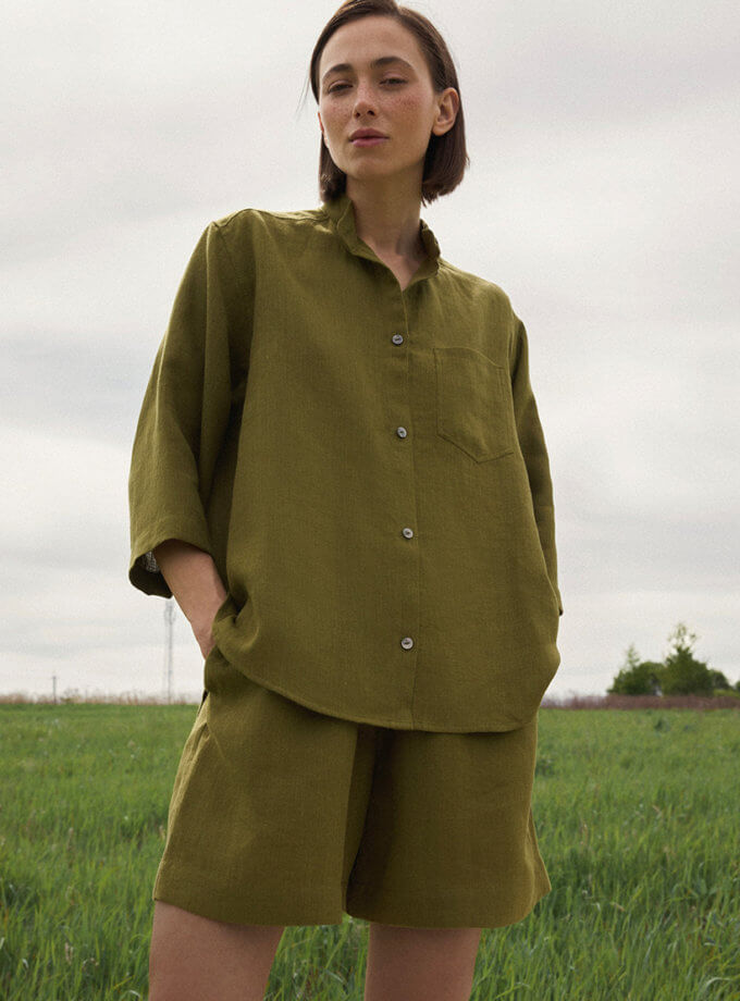 Оливковий лляний костюм з сорочкою та шортами DG_SS_34, фото 1 - в интернет магазине KAPSULA