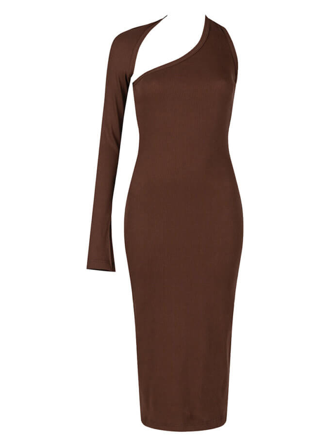 Сукня коричнева на один рукав трикотажна SE_SE25DrOnSh_Br, фото 1 - в интернет магазине KAPSULA