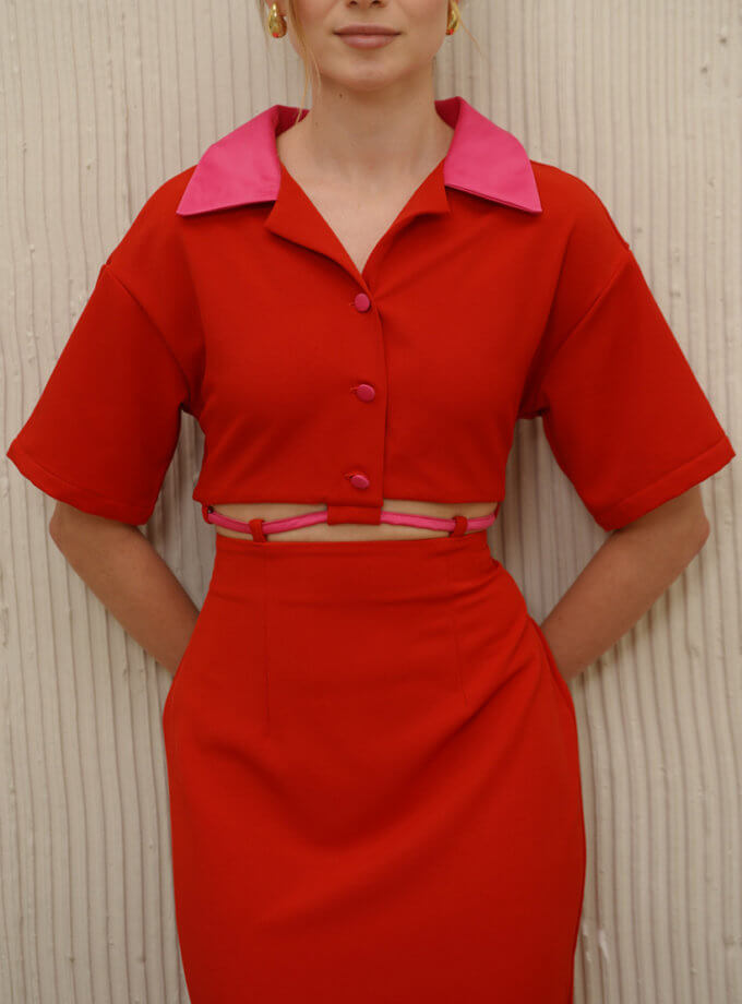 Сукня з перекрутом по периметру червоно-рожева DRESS-001/2, фото 1 - в интернет магазине KAPSULA
