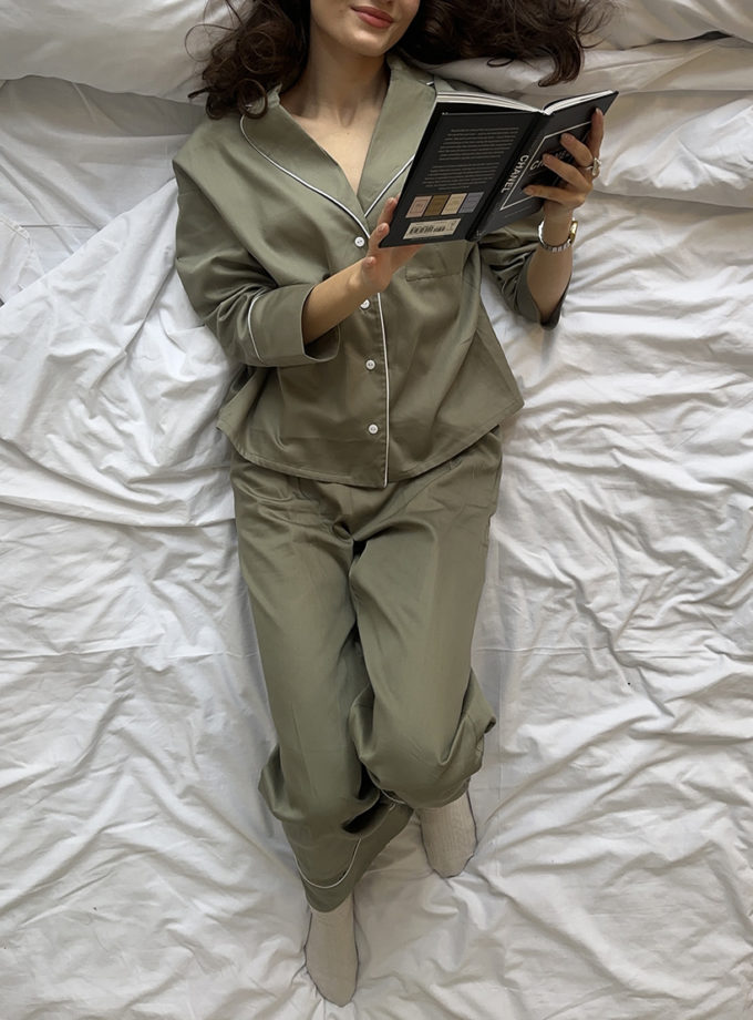 Сатинова піжама оливкого кольору з білим кантом BEDCLZ_pj_06, фото 1 - в интернет магазине KAPSULA