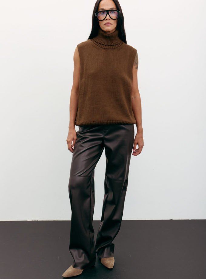 Брюки з еко-шкіри прямі шоколадні TLA_00002561, фото 1 - в интернет магазине KAPSULA