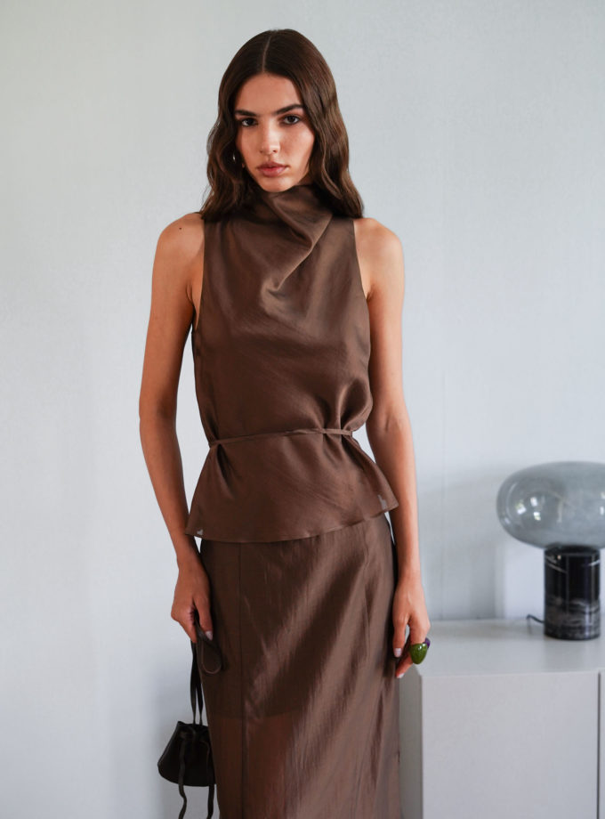 Топ із тенселу з тонким поясом шоколадний THE LACE (TLA_00003314)