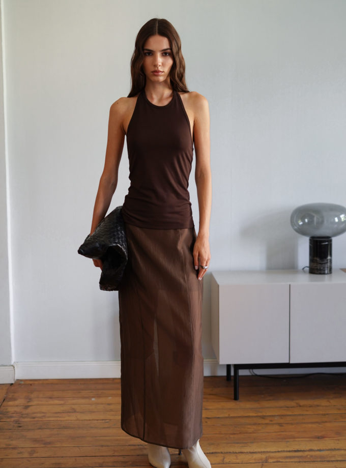 Трикотажний топ з відкритою спиною шоколадний TLA_00003394, фото 1 Трикотажний топ з відкритою спиною шоколадний TLA_00003394, фото 1 - в интернет магазине KAPSULA