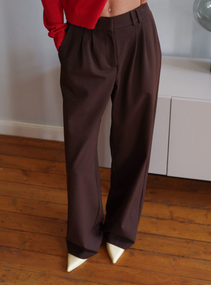 Брюки прямого крою з подвійними защипами шоколадні THE LACE (TLA_00003414)