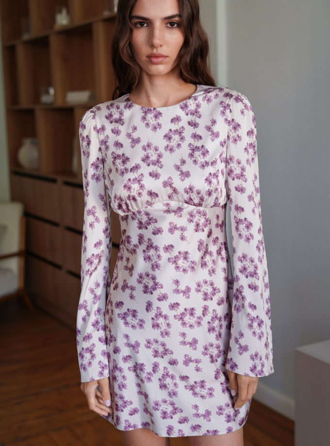 Сукня міні сатинова з фігурним вирізом та принтом бежева TLA_00003416, фото 1 - в интернет магазине KAPSULA