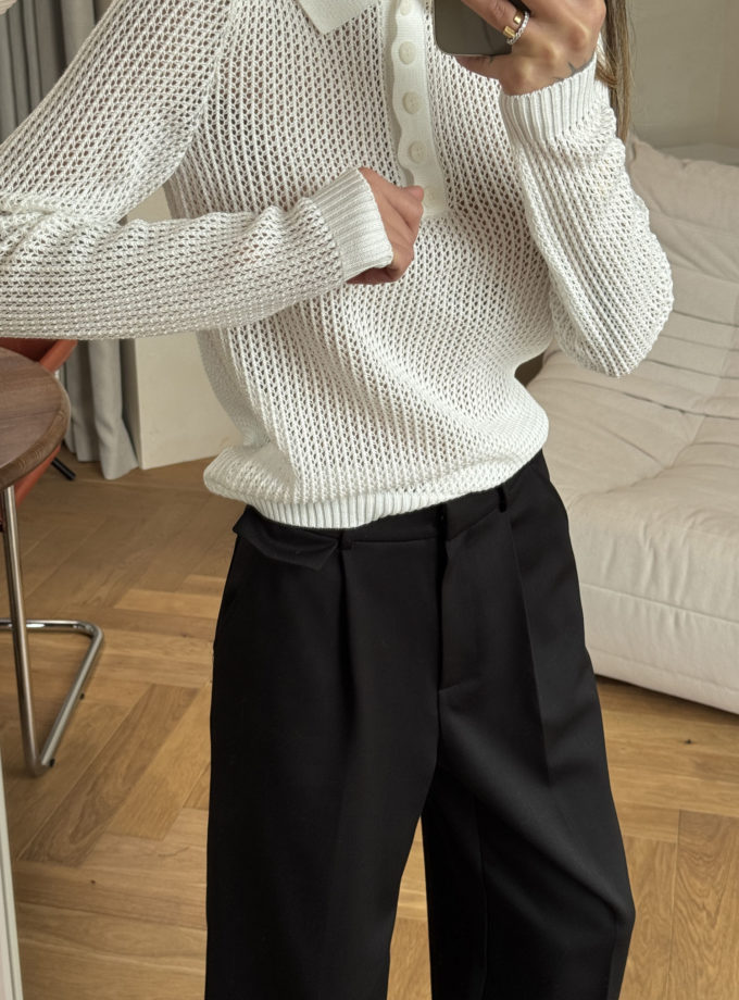 Трикотажний джемпер поло з ажурною вʼязкою молочний THE LACE (TLA_00003454)