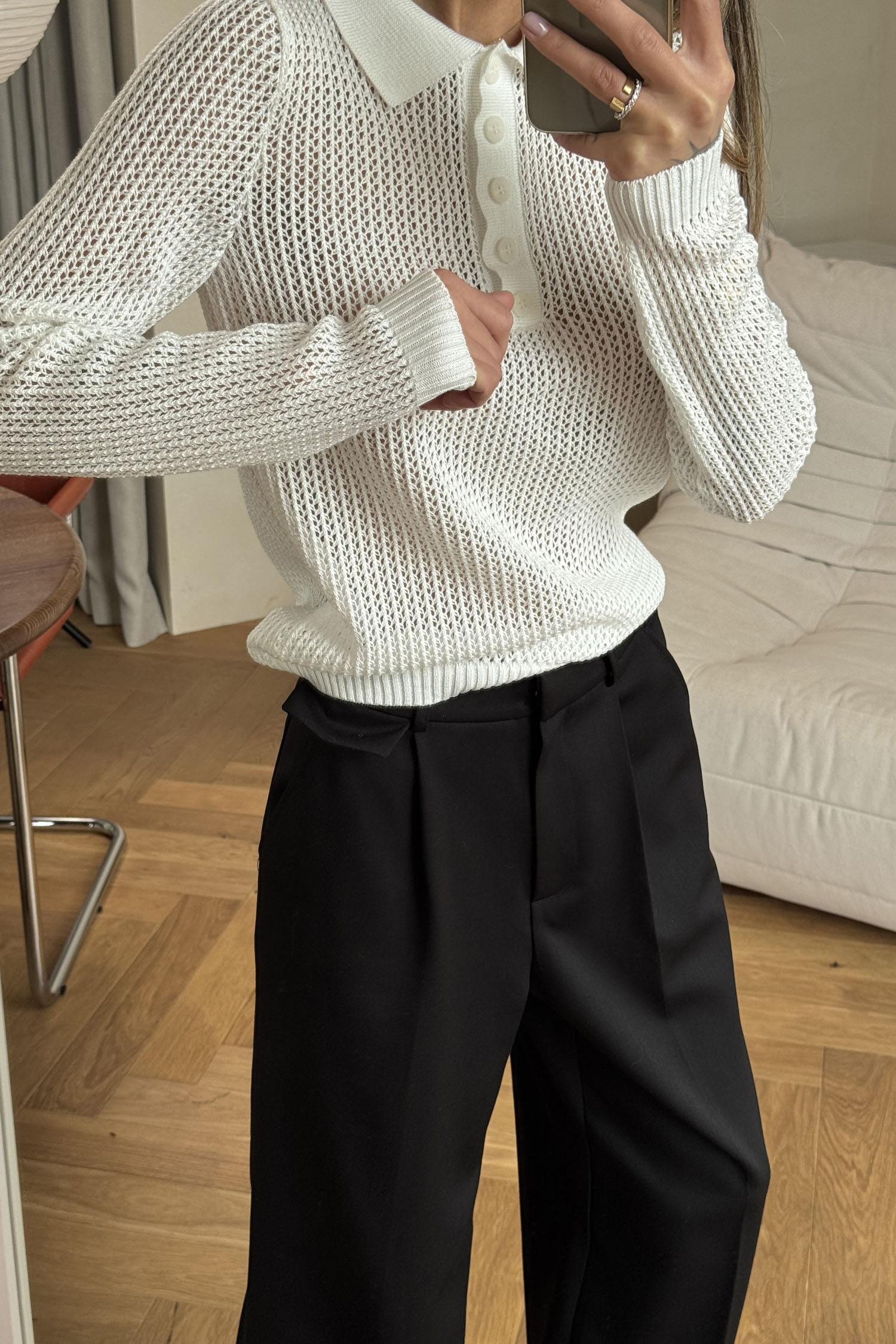 00003454-1 Трикотажний джемпер поло з ажурною вʼязкою молочний THE LACE (TLA_00003454)